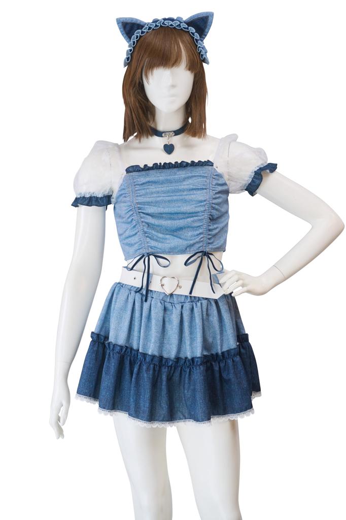 Clear Stone SugarWhip Halloween Cat Cosplay Blue Denim-Like Costume, Women's,