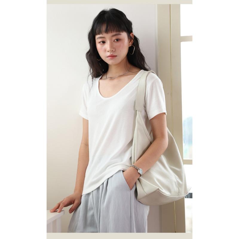 New Spring and Summer Silk Bottoming Shirt Women's Lyocell Goose Egg Neck Short Sleeve Top