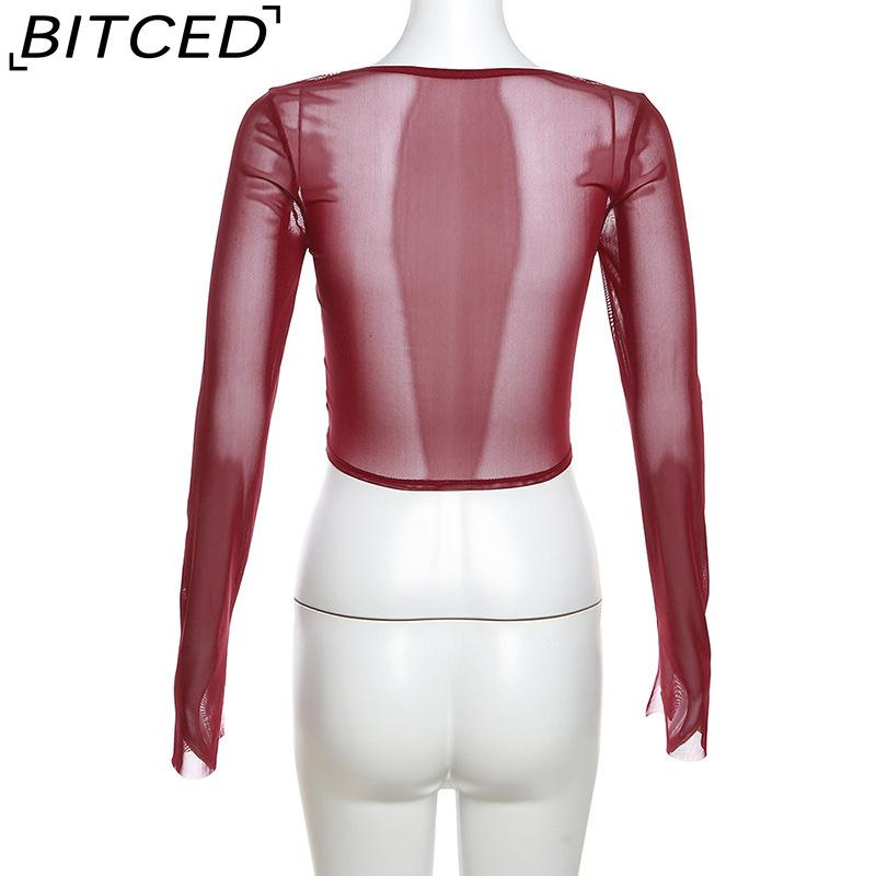 BITCED Autumn Women's Solid-Colour Slim-Fit Cropped Streetwear Square-Neck Long-Sleeved Top