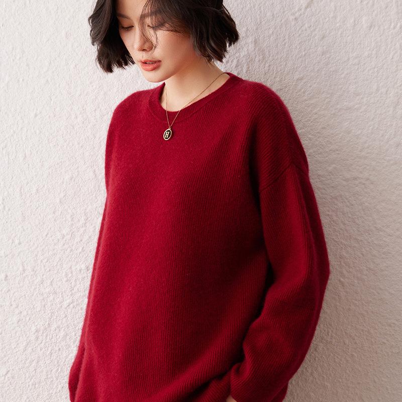 Women's Cashmere Round Neck Loose Sweater - Thick Knit Pullover for Autumn/Winter
