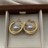 Double-layer Gold Ring-wrapped Pearl Earrings, Ear Buckles, Retro Light Luxury Fashion Niche High-end Daily Versatile Earrings.