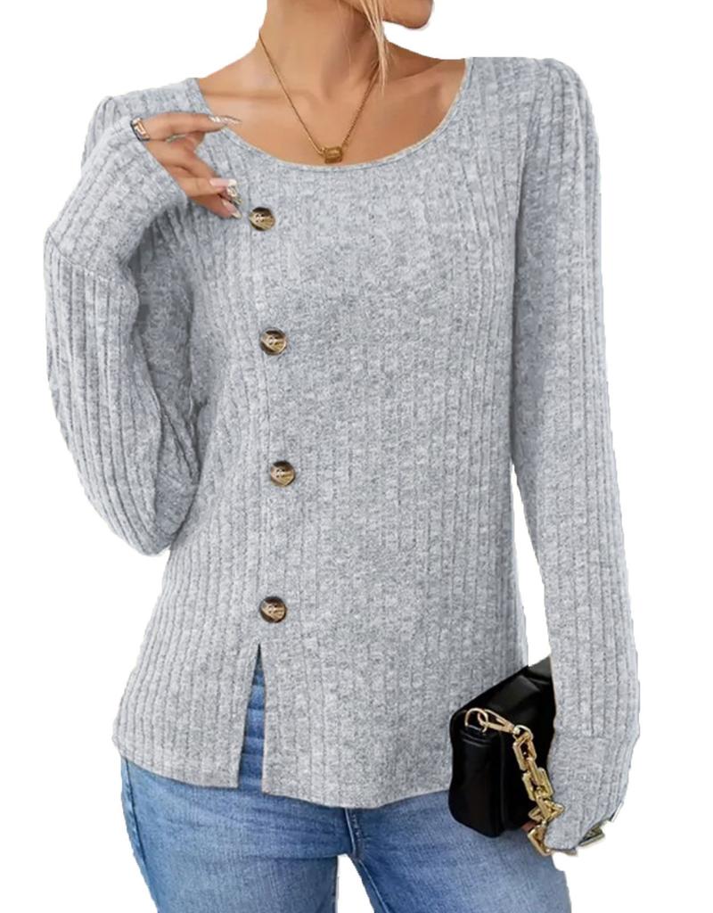 Autumn Solid O Neck Buttons Long Sleeve Loose Fit Slit T Shirt Women Spring Casual Tops