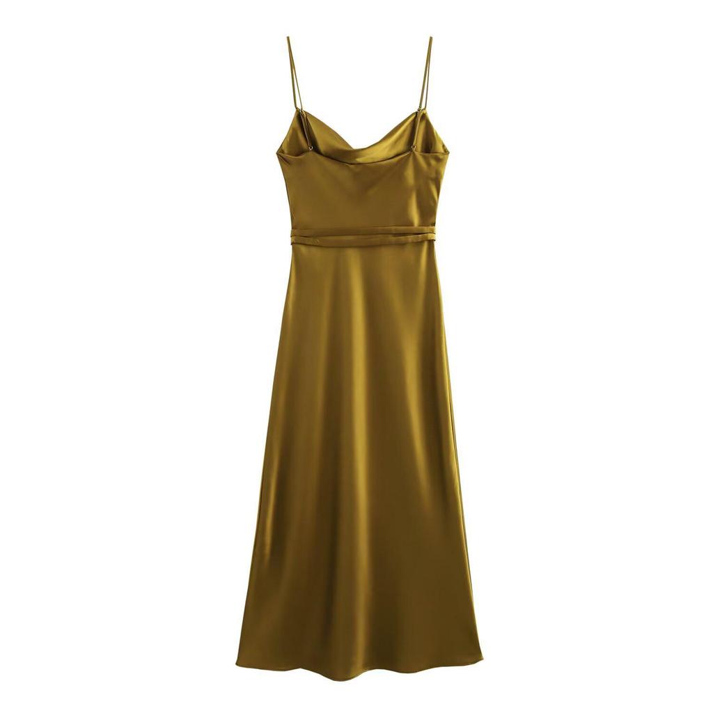 2025 Spring Women's Slim Fit Belted Silk Satin Slip Dress