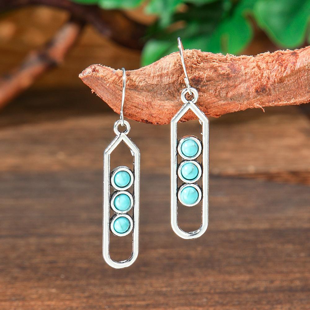 

Ethnic style earrings, ancient silver geometric metal, turquoise inlaid fringed earrings, earrings.