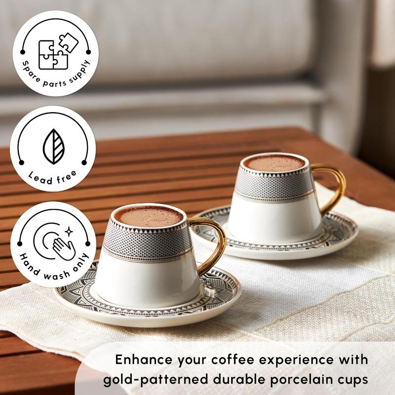 Globe Sada šálků na tureckou kávu 6 kusů, 80 ml, 2,7 oz, Malé šálky na espresso s podšálky, Porcelán, Černé vzory a Zlatá ucha,