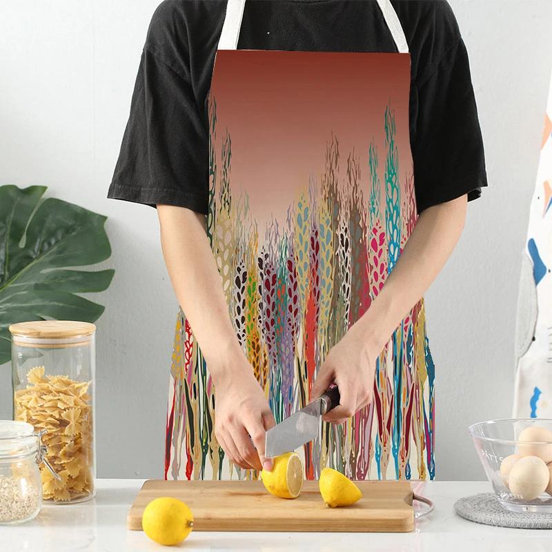 Plants Printed Kitchen Aprons Men Women Cooking Cleaning Aprons Wheat Flowers Pattern Linen Waist Apron Baking Accessories