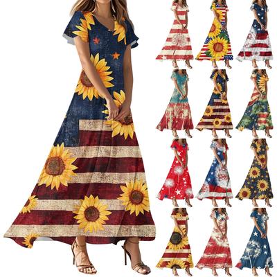 Women's Independence Day Printed Casual Fashion Dresses V-Neck Short Sleeve Dresses