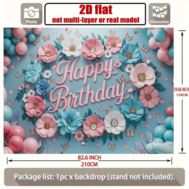 

2D Teal Pink Floral Backdrop - Flower & Butterfly Themed Party Banner 47.2x31.5inch/120*80cm