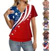 Women’s Short Sleeve V Neck Top with Independence Day Flag and Floral Print Casual Loose Fit Comfortable Shirt