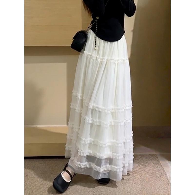 High-end Fungus Lace A-shaped Skirt Women's Spring New Mesh Medium and Long Cake Fluffy Skirt