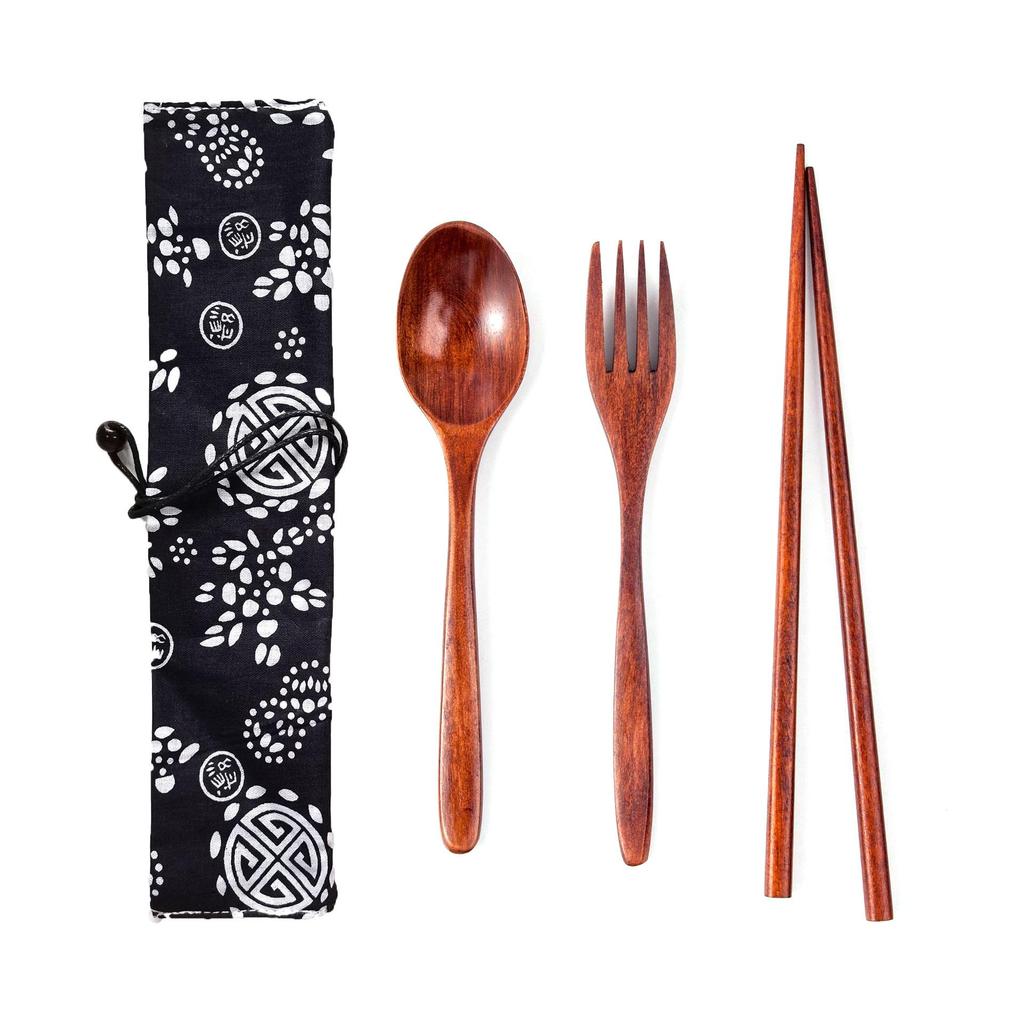Japanese Wooden Portable Tableware Set: Long-Handled Spoon, Fork, and Chopsticks - Korean Style Three-Piece Set for Outdoor Use.