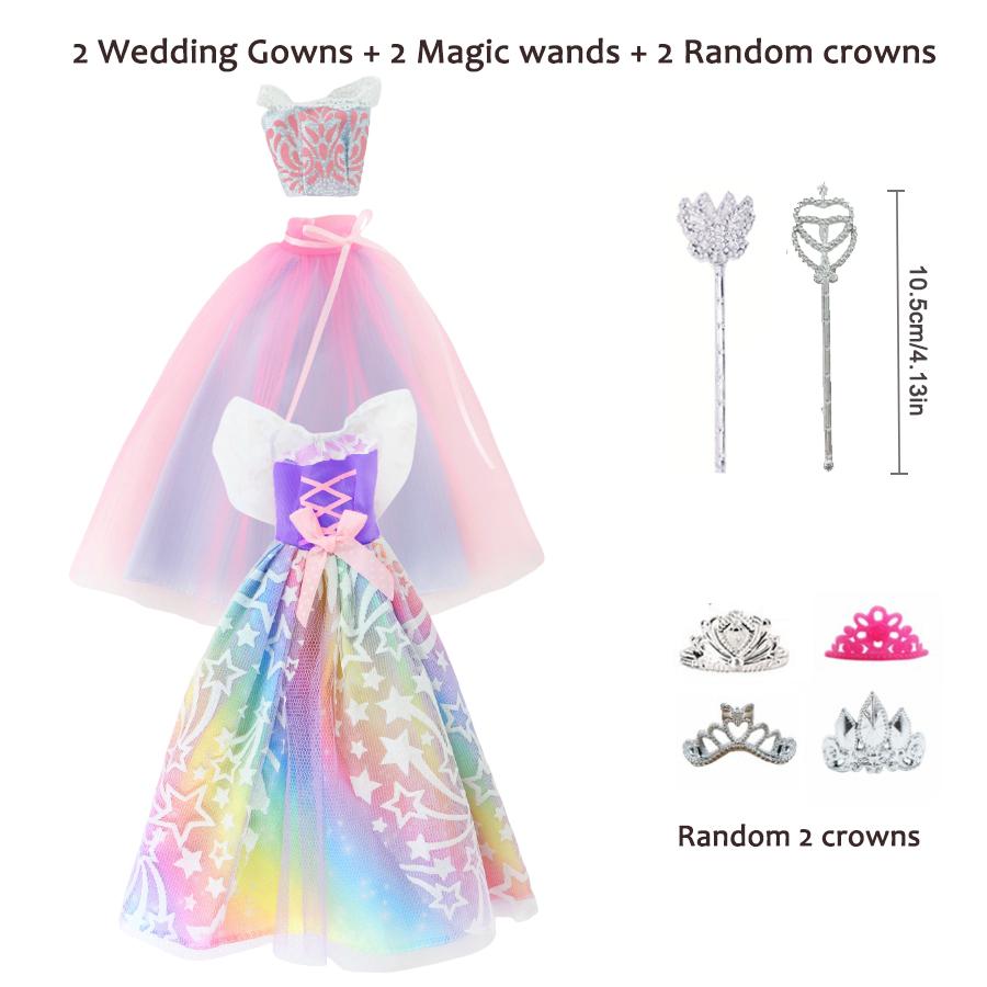 6pcs Doll's Wedding Gowns Evening Dress Set For 11.5in/30cm Dolls with 2 Magic Wand 2 Crowns Toy Princess Doll Fashion Clothes
