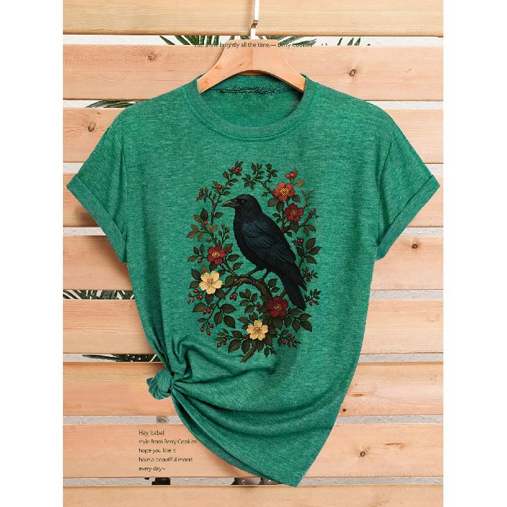 Vintage Floral Crow Print Fashionable Elegant Women s New Spring Summer Autumn Casual Sporty Top Soft Comfortable Round Neck Short Sleeve T Shirt S темно-зеленого