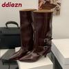 Fashion Fashion Buckle Women Knee High Boots Shoes With Low Heel Footwear Female Pointed Toe Ladies Western Boots Slip On Shoes Pumps