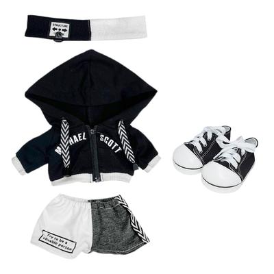 Niannyyhouse 40cm Plush Doll with Loose Clothes, Hairband, Hoodie, Colorblock Shorts, Canvas Shoes, Dress-Up Cotton Doll Accessories (Black)