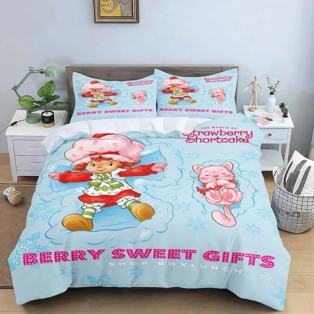 3D Cute Girls Strawberry Shortcake Bedding Set Colorful Cartoon Strawberry Girl Pattern Duvet Cover Pillowcase Home Decor Room