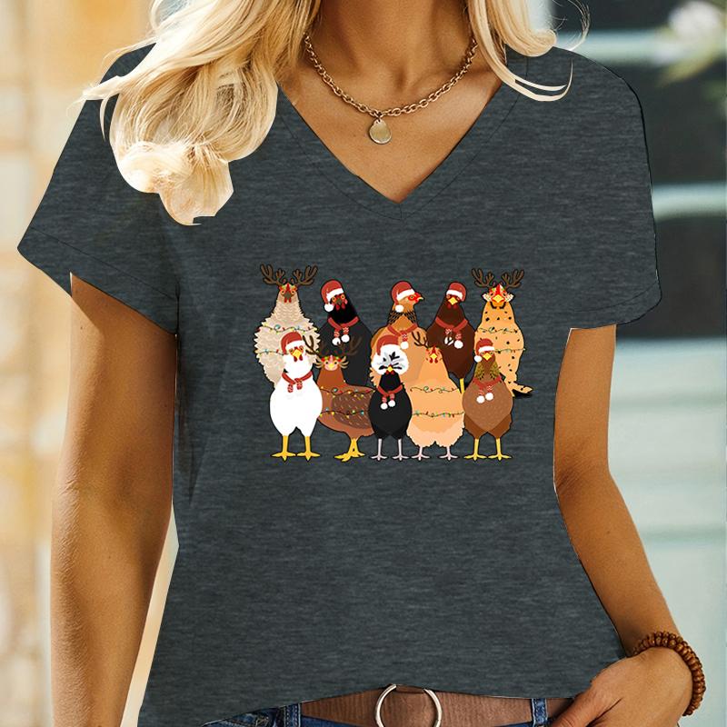 Cute Christmas Chickens Animals Print Womens TShirt VNeck Short Sleeve Funny Tops Tees Fashion Casual Xmas Gift Loose T Shirt