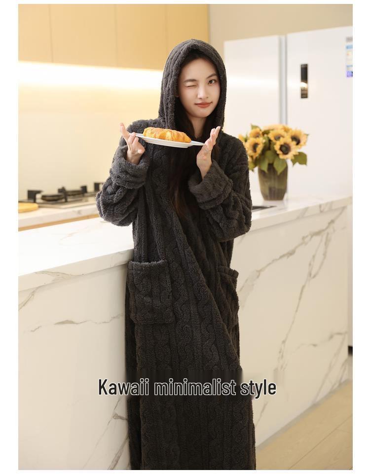 Damen Kapuzen-Zopfstrick-Pyjama-Set - Einfarbig, Dickes Korallenfleece, Plus Samt, Niedlicher langer Bademantel, Perfekt für Herbst und Winter