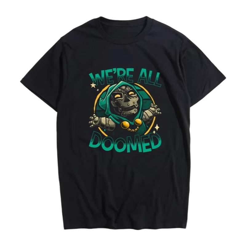 

2026 Doctor Doom Marvel TShirt Chibi Were All Doomed Print Oversized Cotton Casual Crew Neck Short Sleeve Top for Men Women M