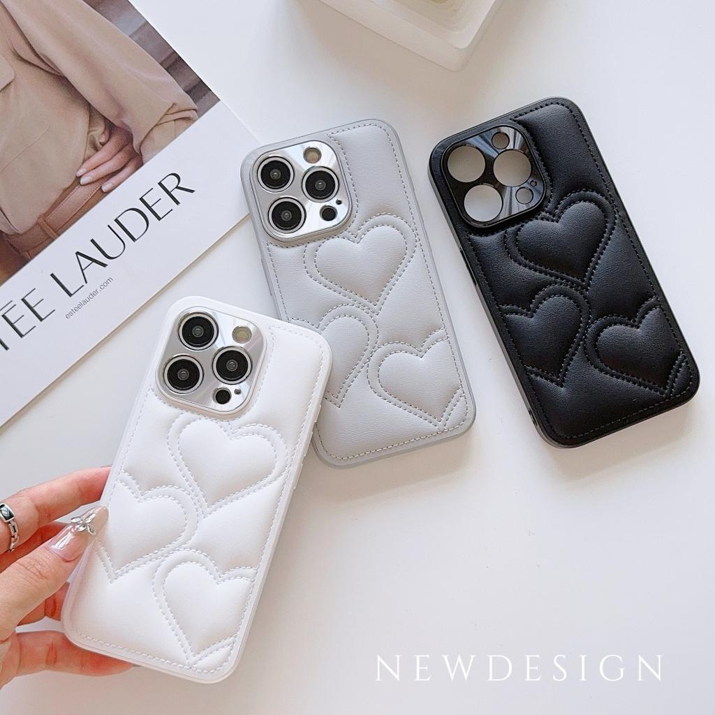 For iPhone 17 16 15 14 Pro Max Air Plus Love Hearts Embossed Leather Camera Lens Protector Full Protection Soft Back Cover