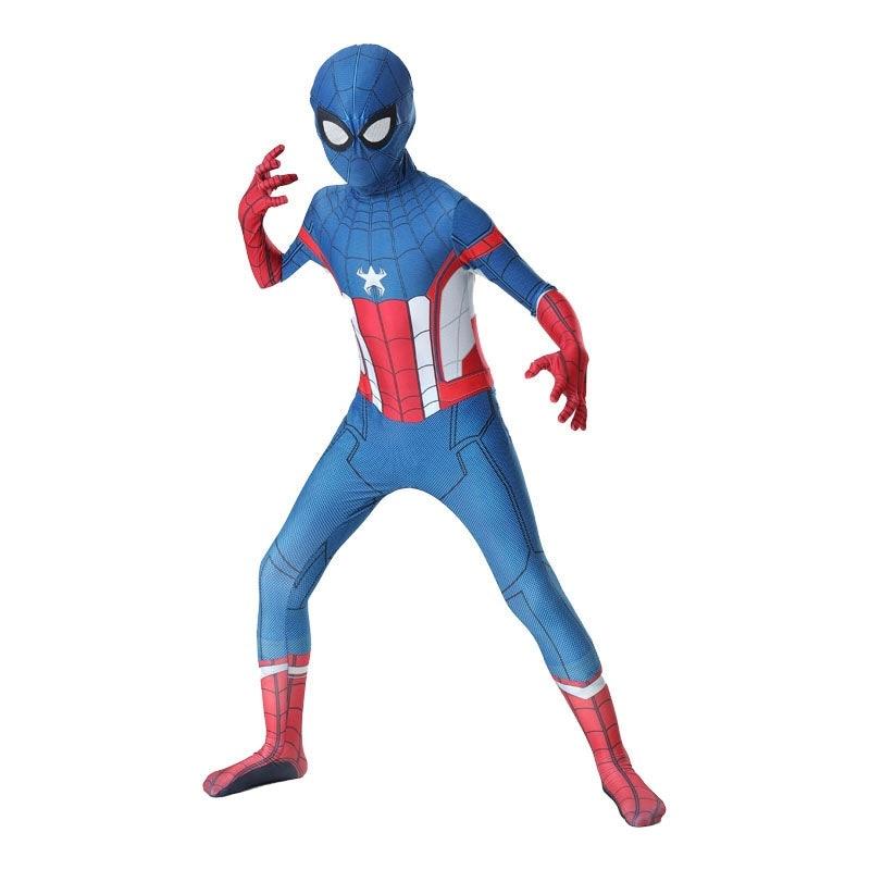 Spider-Man Captain America Costume for Kids, Premium Stretchable Lycra 3D®, Mask Included, Superhero Dress-Up, 4-5 Years Height 120 Cm, Blue/Red/White