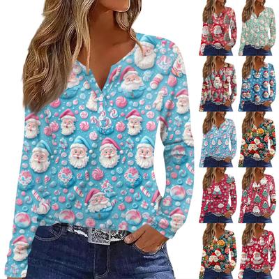 Women's T Shirt Tee Christmas Print Button Long Sleeve Daily Weekend Fashion Basic V- Neck Regular Top