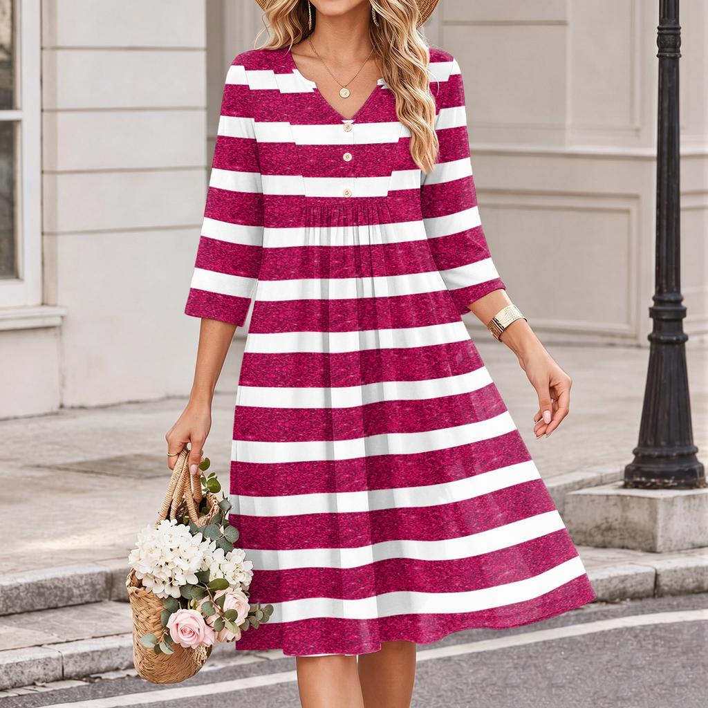 Damen Casual V-Ausschnitt Kleid mit Streifenmuster und 3/4 Ärmeln