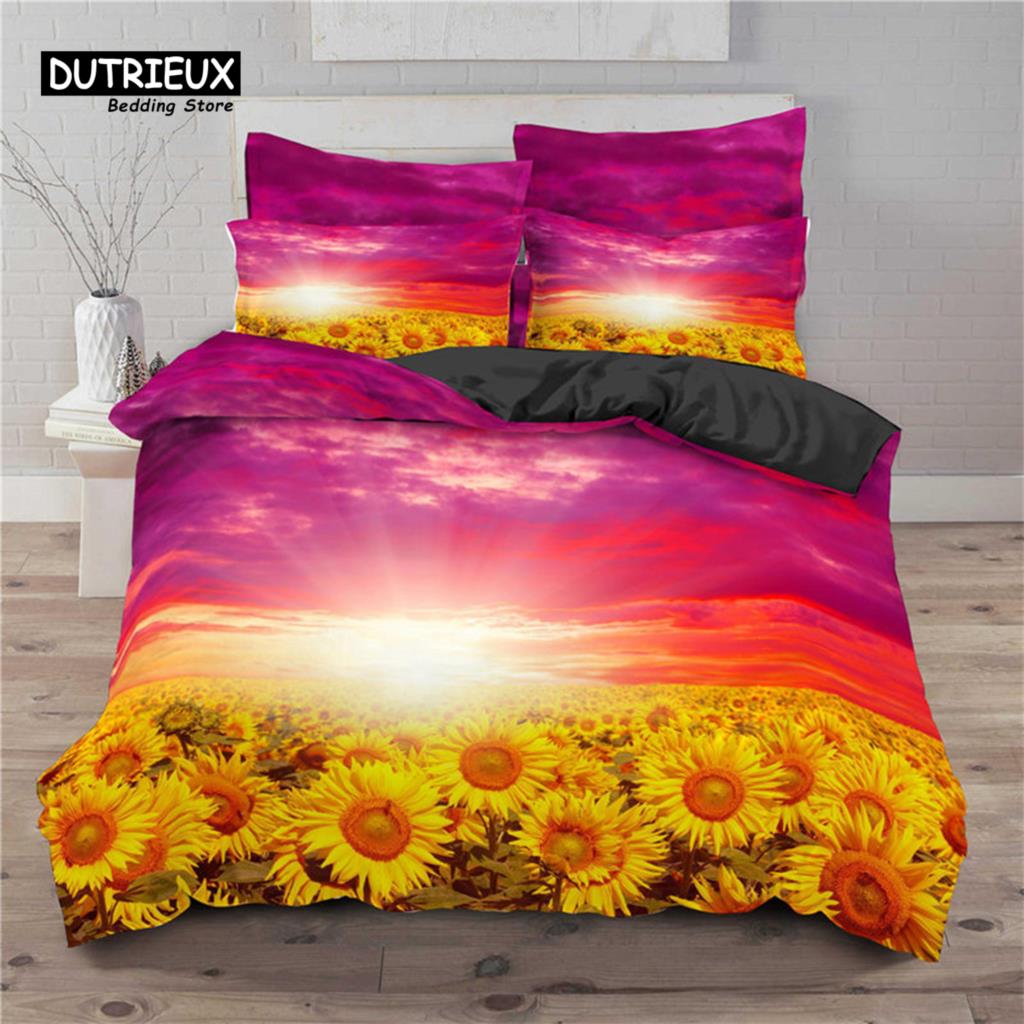 Sunflower Bedding Set Modern Microfiber Yellow Flowers Print Duvet Cover Alluring Sunflowers Summer Inspired Design Quilt Cover