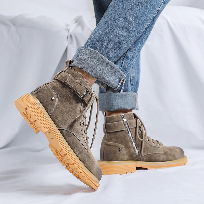 Mode Frühling Neu Dicke Sohle Hochwertige Plateau Herren Stiefeletten Leder Schwarz Motorradstiefel Herren Punk Outdoor Trendstiefel