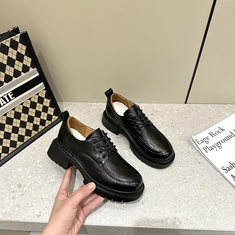 Autumn British Leather Women's Platform Lace-up Small Size Casual Shoes Women's Retro Beanie Shoes Women