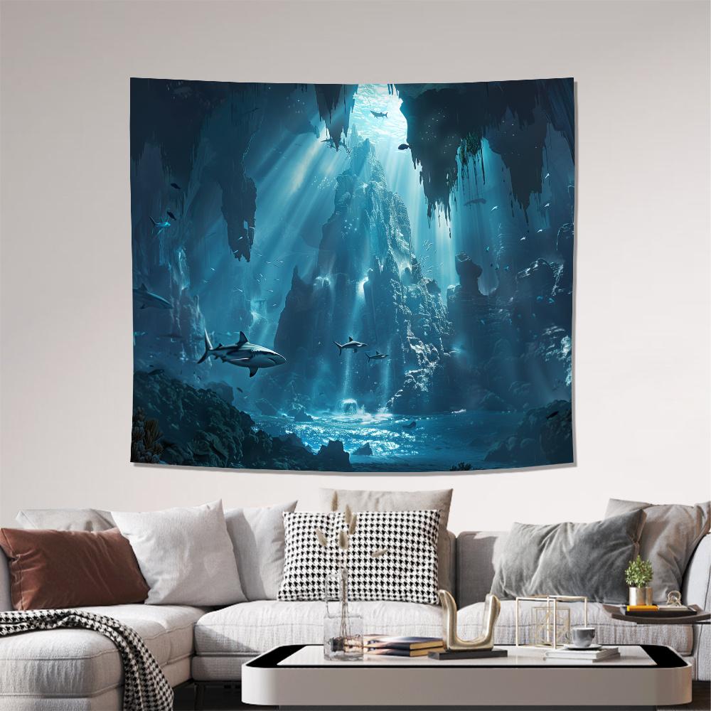 Underwater Fantasy Shark Canvas Wall Art Polyester Fiber Ocean Scene Decoration Living Room Bedroom Office Decorative Tapestry