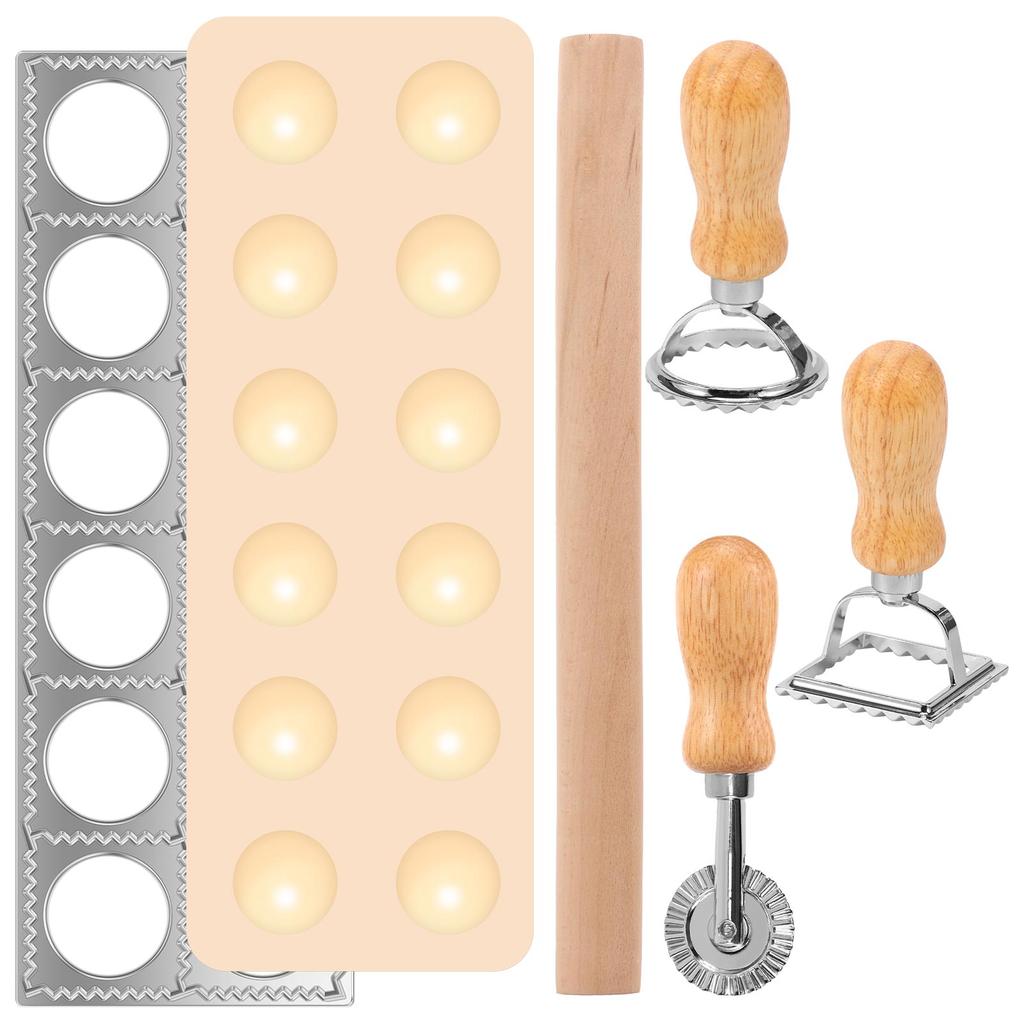 5Pcs Ravioli Maker Mold Set 12 Hole Ravioli Press Maker with Roller Wheel Wood Rolling Pin Pasta Cutter Stamp Dumpling Mould
