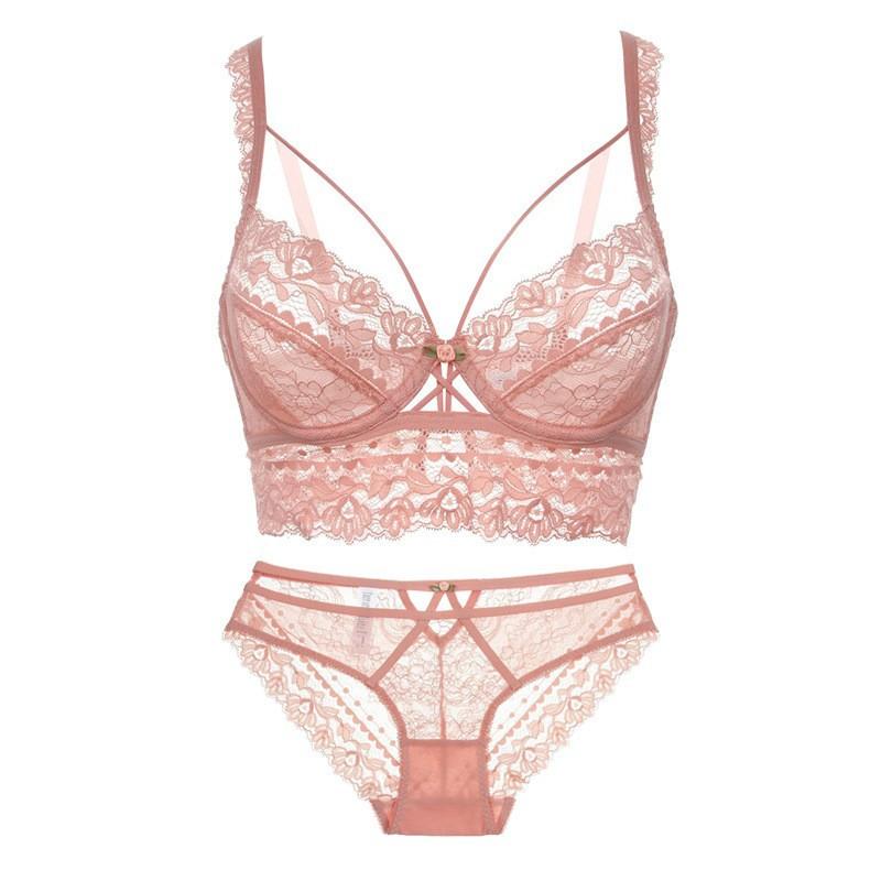 Sexy Bra Set Lace Underwear Ultra-thin Sponge-free Large Size Underwear Large Chest Display Small Anti-sag Push-up Bra Briefs Set