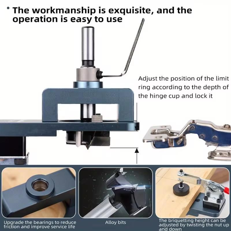 Precision Drill Guide Clamp for 35mm Furniture Hinges with Hardened Steel and Adjustable Edge Positioning