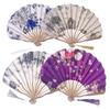 1Pc Japanese Style Shell Shaped Fan With Storage Bag Silk Cloth Bamboo Folding Fans Single-Side Flower Curved Fanbone Hand Fan