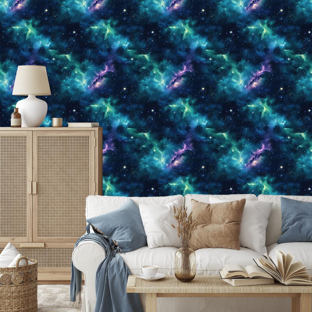 Watercolor Galaxy Wallpaper Navy Blue, Turquoise, Sky Blue and Sea Blue 50x1000