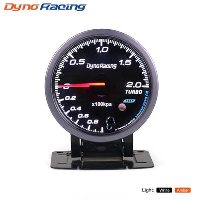 Dynoracing 60 mm Turbo-Ladedruckanzeige mit schwarzem Zifferblatt, bernsteinfarbene/weiße Hintergrundbeleuchtung, 0–200 KPA mit Spitzenfunktion, Auto-Messgerät