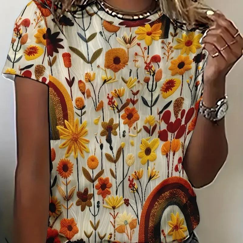 Plus Size Women's 3D Printed Sunflower Pattern T-shirt An Elegant Casual Crew Neck Short Sleeved Top