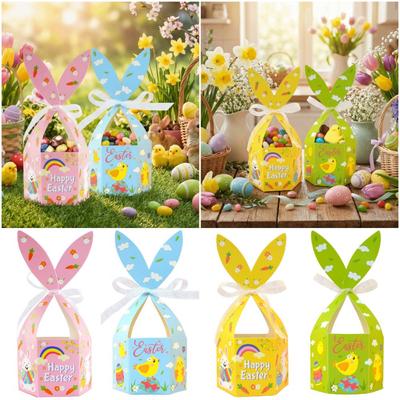 12PCS Multicolor Easter Gift Boxes Paper Cartoon Pattern Packaging Box Handle Ribbon Rabbit Ear Candy Basket Festival Supplies