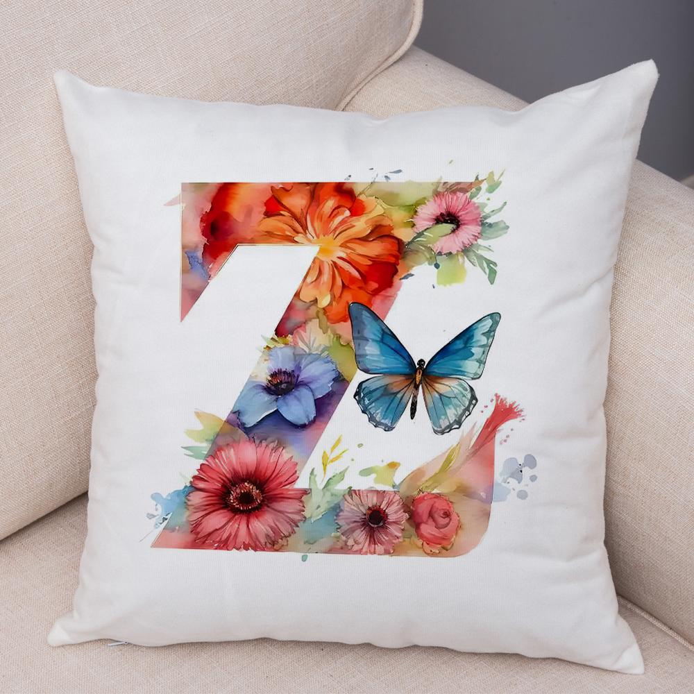 Floral Letter J Pillowcase Double Print Watercolor Letter U Cushion Cover Soft Plush Flower Letter D Pillowcase for Sofa Home