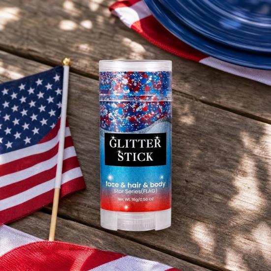 16G Glitter Stick for Face Hair Body, Independence Day Patriotic Glitter Stick, Red Blue White Makeup Stick for 4th of July, Veterans Day