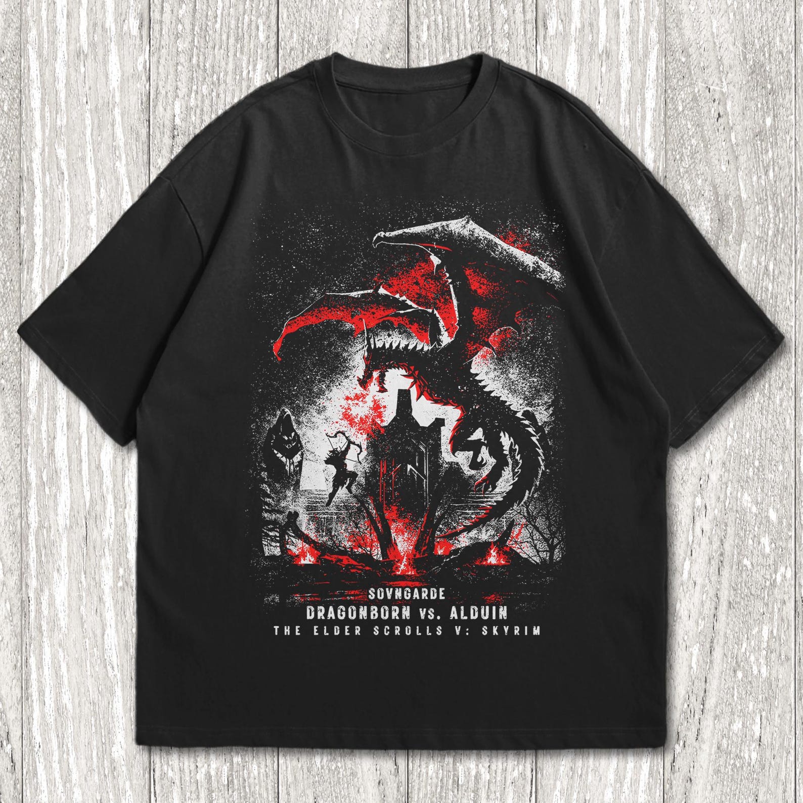 Skyrim Dragonborn vs. Alduin T-Shirt, Unisex Elder Scrolls Video Game Metal Fan Gift, Vintage Gamer Streetwear Apparel S