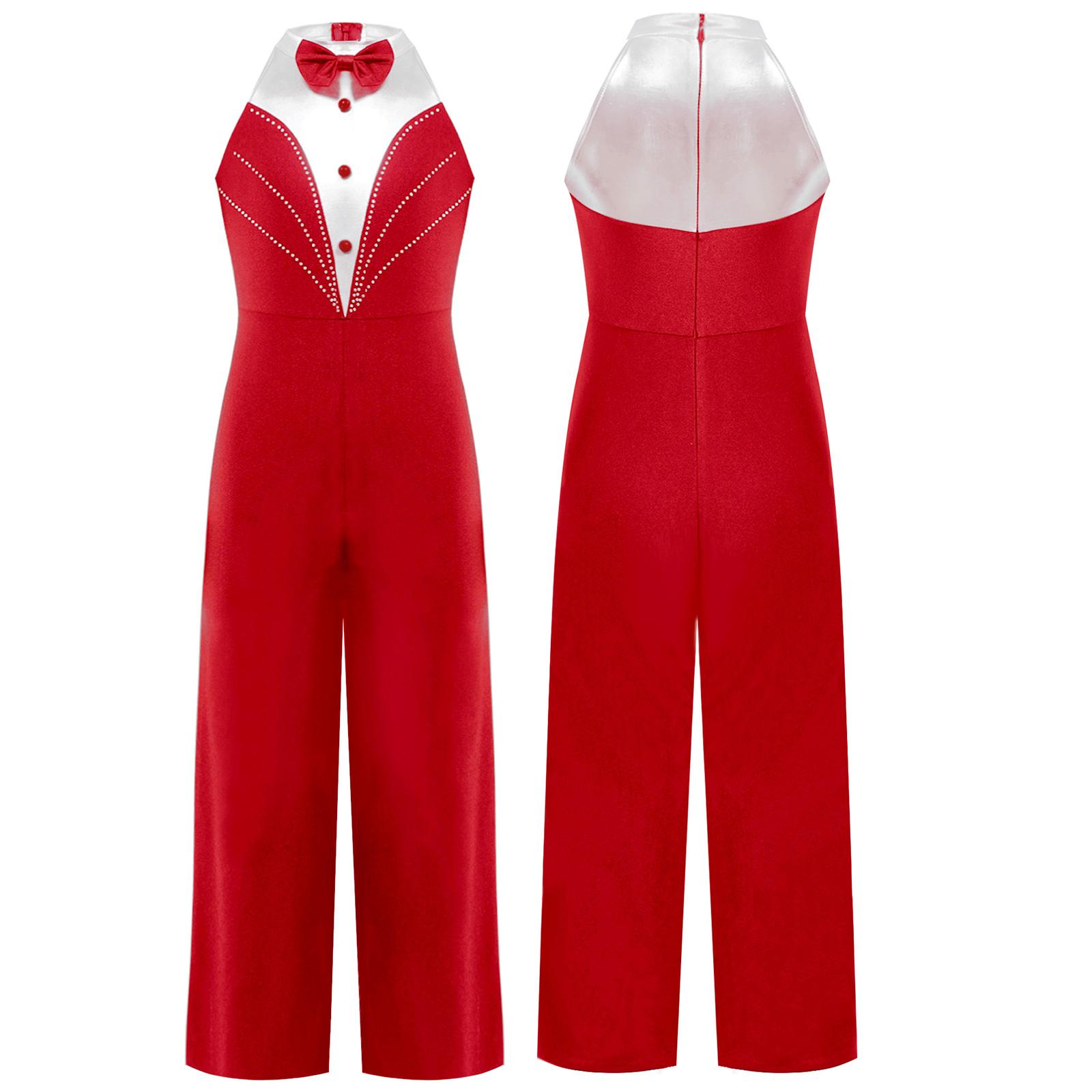 

Kids Girls Metallic Patchwork Jumpsuit Rhinestone Color Block Sleeveless Bodysuit for Jazz Dance Stage Competition 7-8 Years красный