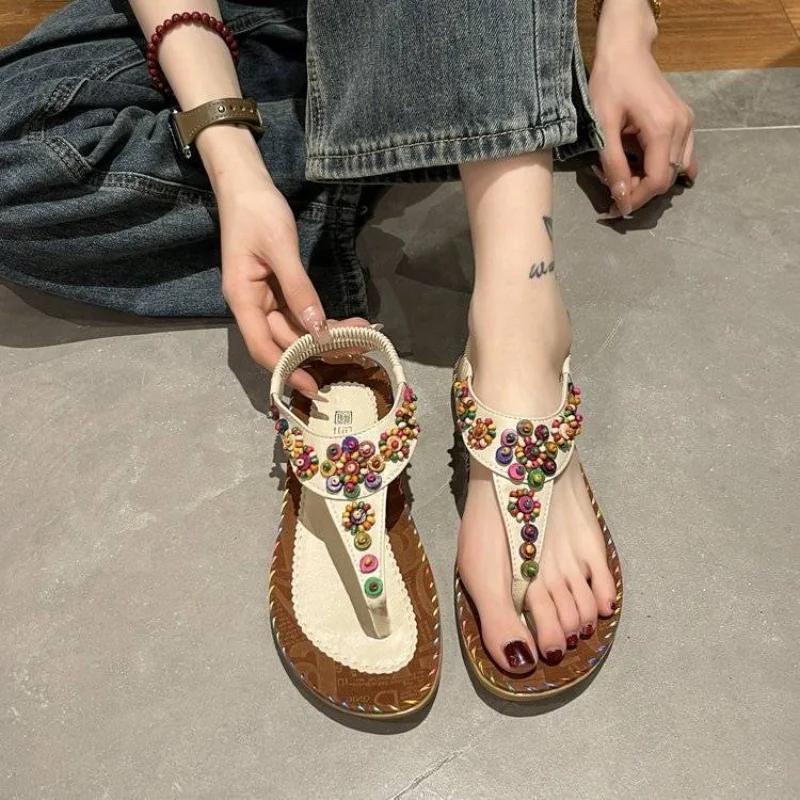 Fashion Summer Designer Casual Bohemia No Heel Sandals for Women 2025 Comfortable Anti Slip Hot Luxury On Sale Wholesale Vip Woman Shoes