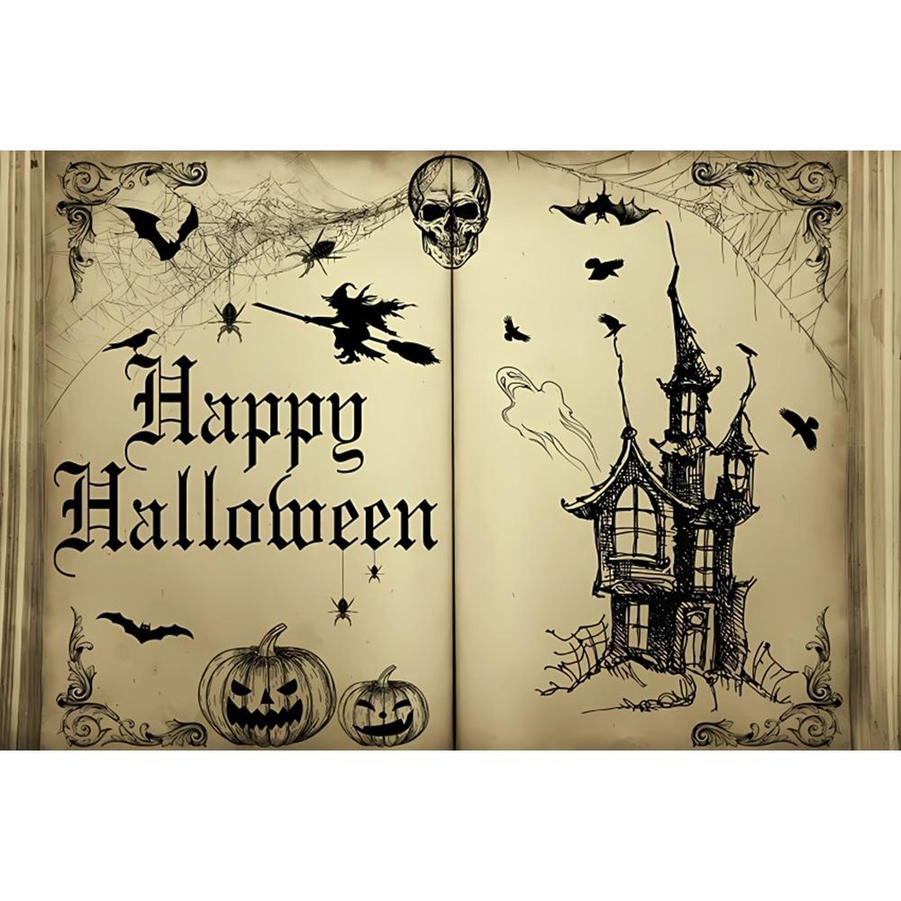 1pc Grey Halloween Party Backdrop with Gothic Night Moon Castle Pumpkin Bat Cat Wolf Banner for Halloween Theme Party Decoration