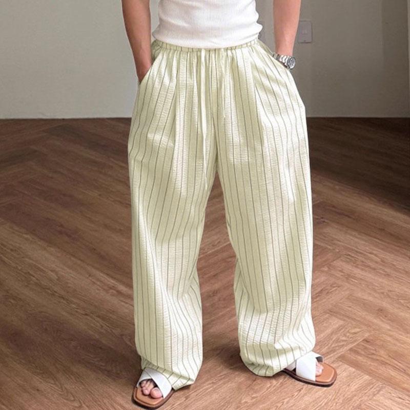 INCERUN Men Drawstring Casual Loose Elastic Waist Striped Wide Legs Pants Long Trousers