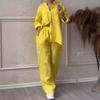 Women's Casual Two-piece Solid Color Cotton and Linen Shirt Wide-leg Pants Suit
