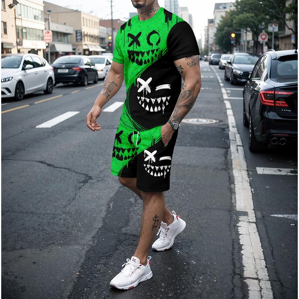 Summer 3D Fun Smiling Face Pattern Round Neck Short sleeved T-shirt Shorts Set Men's 2-piece Casual Street Sportswear
