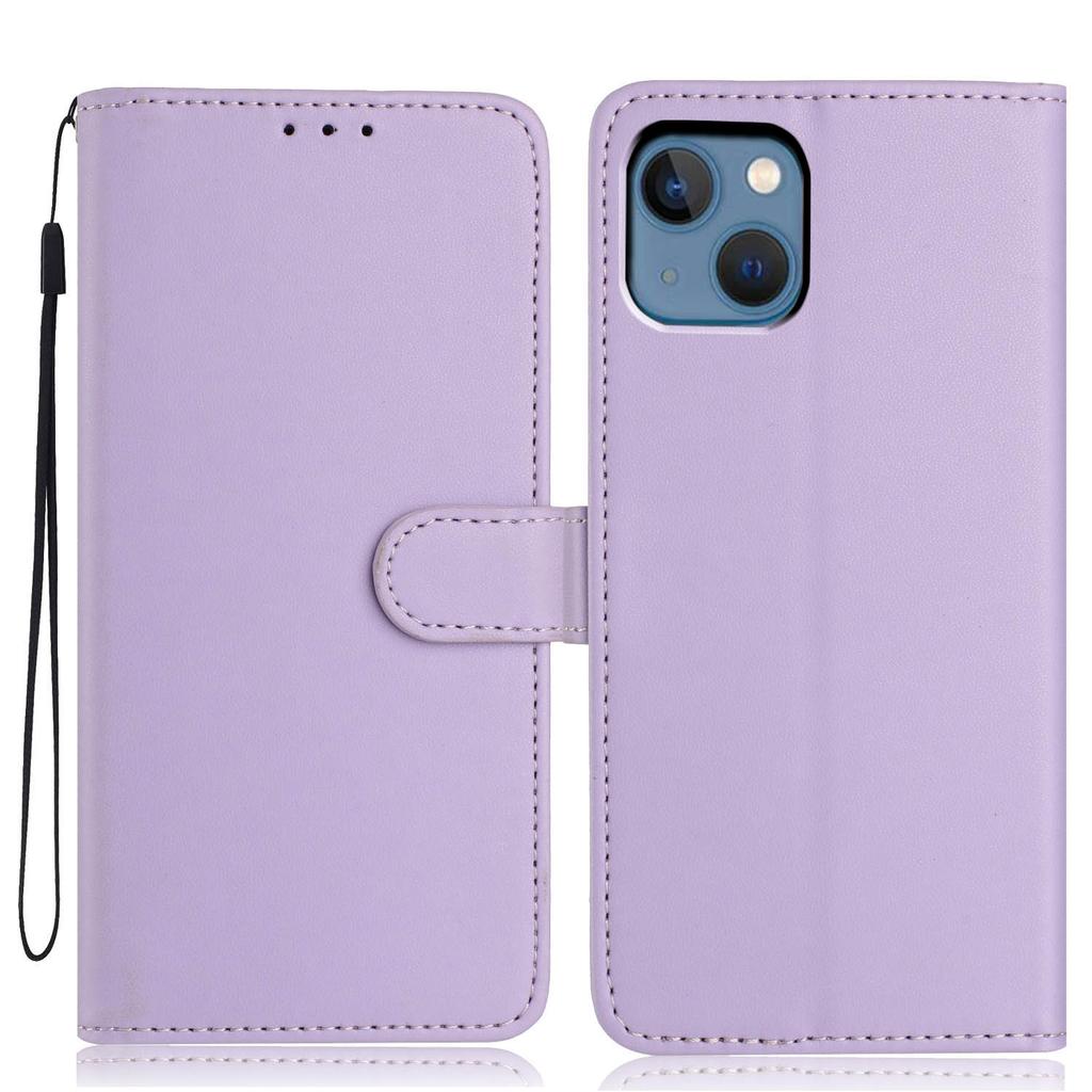 For iPhone 14/13 Wallet Case with Strap/Multiple Card Slots Solid Color Leather Stand Phone Cover
