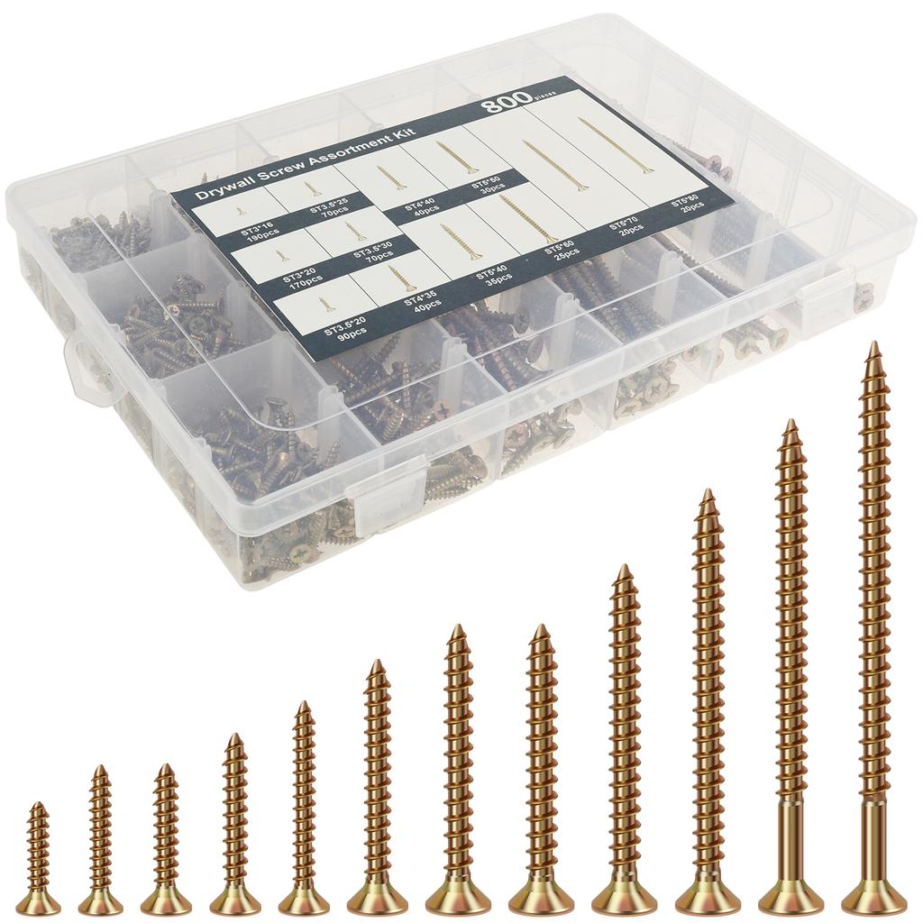 800Pcs Wood Screws and Drywall Screws Set Self-Tapping Mixed Screws Carbon Steel and Zinc Screws for Fences, Doors and Floors